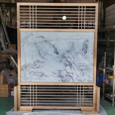 金属屏风隔断客厅网红中式玄关客厅家用装饰黑钛镂空不锈钢屏风画图3