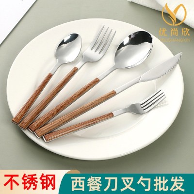 亚马逊仿木柄不锈钢牛排刀叉勺复古西餐创意咖啡甜品勺礼品套装图1