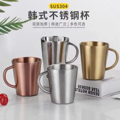 304不锈钢口杯双层隔热带手柄水杯牛奶杯子韩式餐厅马克杯啤酒杯图1