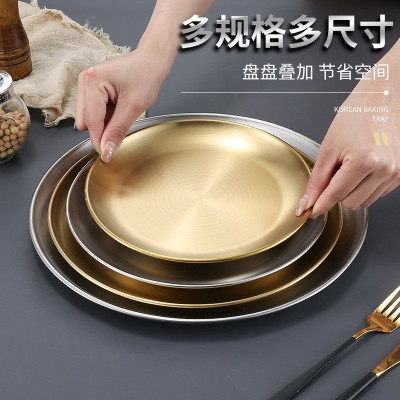 不锈钢韩式烤肉盘西餐金色圆形托盘牛排蛋糕甜品水果自助点心餐盘图2