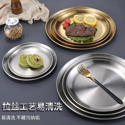 不锈钢韩式烤肉盘西餐金色圆形托盘牛排蛋糕甜品水果自助点心餐盘图5