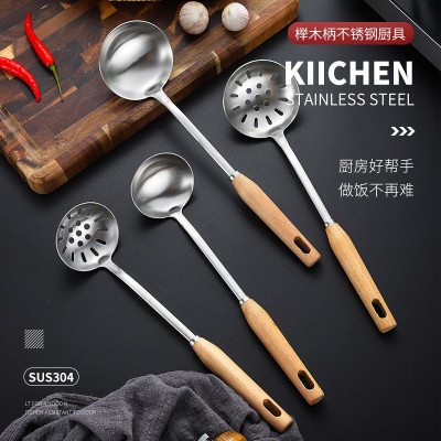 现货304不锈钢汤勺家用饭店火锅漏勺厨房小工具创意日式实木勺子图3