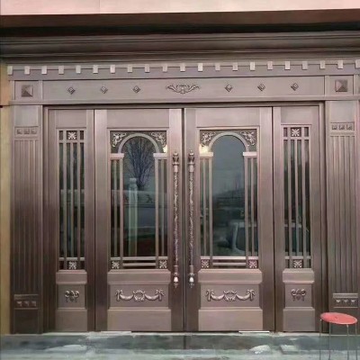 农村自建房纯铜防盗庭院入户门别墅不锈钢铜玻璃对开门双开子母门图2