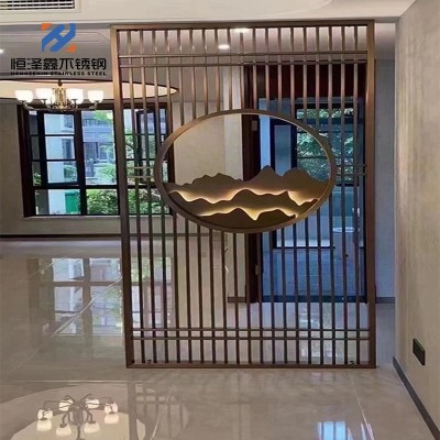 不锈钢屏风酒店大堂客厅背景墙金属隔断庭院假山玄关玫瑰金装饰图2
