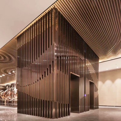 简约中式不锈钢山水发光格栅屏风隔断酒店公司大厅售楼部背景墙图3