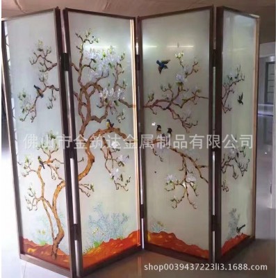 法琅彩艺术夹丝画玻璃不锈钢屏风卧室办公酒店花鸟画折叠移动图2