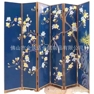 法琅彩艺术夹丝画玻璃不锈钢屏风卧室办公酒店花鸟画折叠移动图5