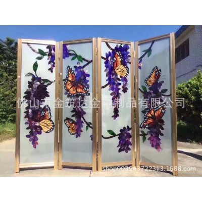 法琅彩艺术夹丝画玻璃不锈钢屏风卧室办公酒店花鸟画折叠移动图3