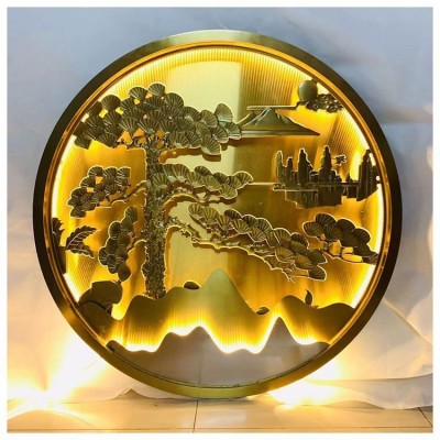 不锈钢圆形假山屏风嵌入式新中式铝浮雕背景墙金属庭院影壁墙镂空图2