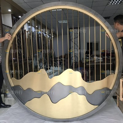 不锈钢圆形假山屏风嵌入式新中式铝浮雕背景墙金属庭院影壁墙镂空图5