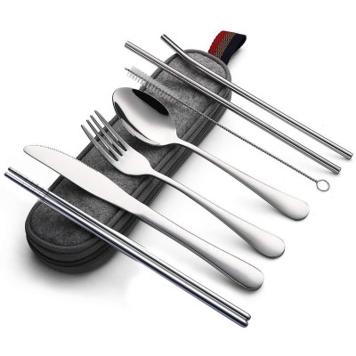 亚马逊镀钛不锈钢便携餐具304不锈钢吸管 刀叉勺筷子组合套装镀钛