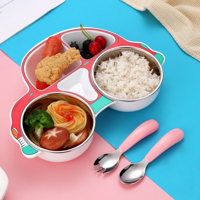 儿童汽车餐盘304不锈钢勺子叉宝宝分格辅食餐盘可拆洗碗餐具套装图3