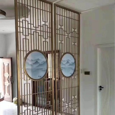 可定制新中式隔断屏风 不锈钢金属装饰玄关 铜格栅 铜壁画图2