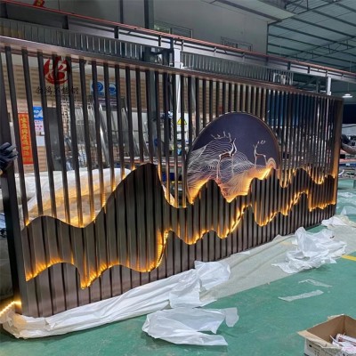 勃鸿不锈钢屏风定制 庭院别墅山水造型隔断售楼部假山背景墙格栅图5