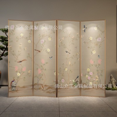 新中式屏风客厅隔断卧室遮挡家用移动折叠折屏不锈钢定制油画荷花图3