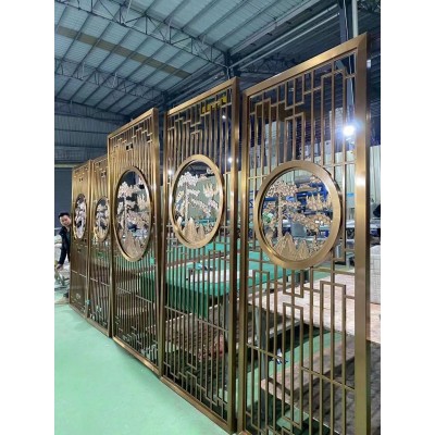 新中式古风不锈钢屏风 客厅酒店遮挡格栅办公室内背景墙金属隔断图3