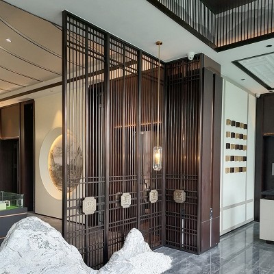 新中式古铜花格铁艺隔断山东别墅售楼处酒店金色厂家不锈钢屏风图1