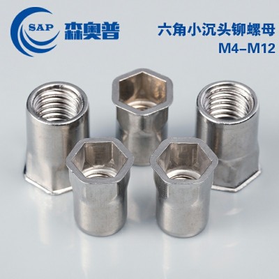 304不锈钢六角小沉头铆螺母直通小沉头六角螺帽M4M5M6M8M10M12