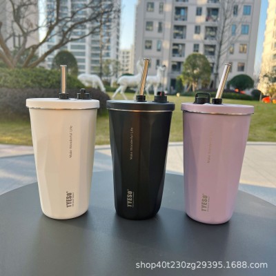 tyeso新款水杯真空不锈钢保温保冷咖啡杯高颜值大容量车载吸管杯 2个图3