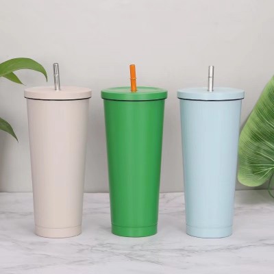 高颜值304不锈钢纯色吸管杯大容量真空咖啡杯便携车载礼品保温杯图3