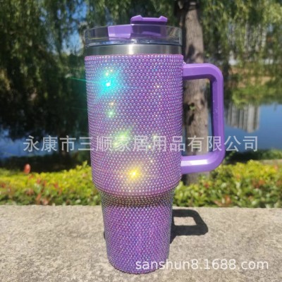 一代40oz不锈钢304手柄镶贴钻保温杯带吸管车载保冷钻石冰霸杯图5