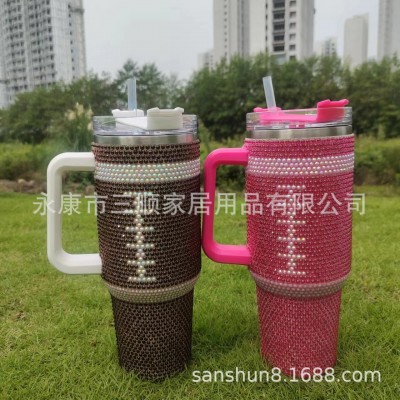 一代40oz不锈钢304手柄镶贴钻保温杯带吸管车载保冷钻石冰霸杯图3
