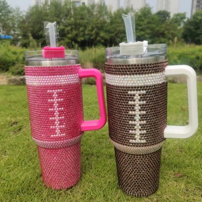 一代40oz不锈钢304手柄镶贴钻保温杯带吸管车载保冷钻石冰霸杯图2