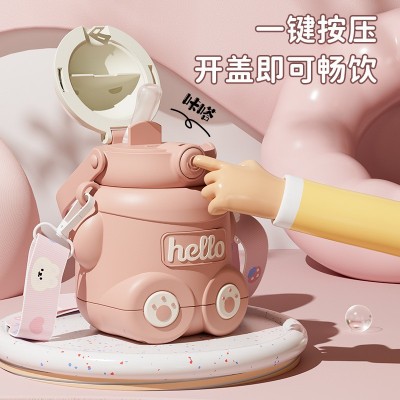 塑壳熊不锈钢儿童保温杯弹盖带吸管可爱便携带提手幼儿园宝宝水壶图3