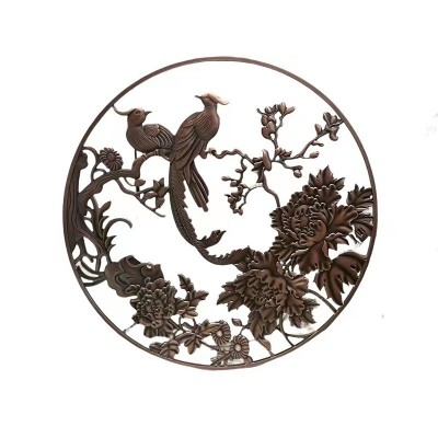 铝板雕刻屏风金属圆形迎客松浮雕新中式仿古铜隔断不锈钢镂空格栅图5