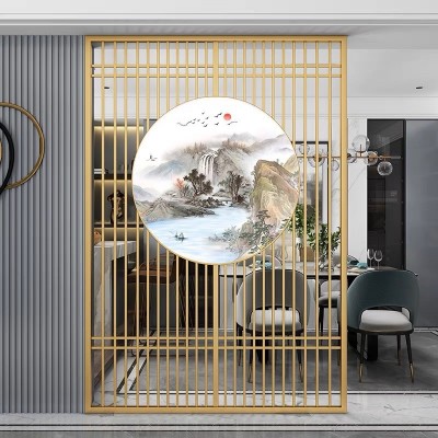 不锈钢屏风新中式客厅隔断轻奢金属镂空铝板雕刻现代入户玄关花格图2
