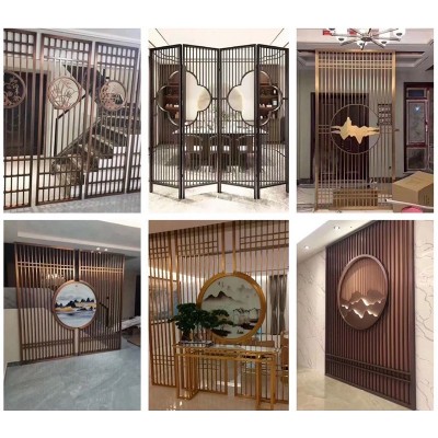 现代新中式屏风不锈钢隔断酒店餐厅入户装饰屏风金属镂空隔断摆件图3