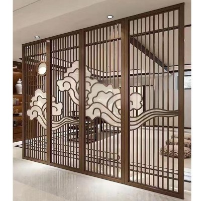 不锈钢屏风隔断新中式花格栅轻奢现代入户金属玄关客厅镂空背景墙