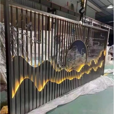 不锈钢屏风景观假山水背景墙别墅庭院峦山雕塑墙新中式玄关格栅图3