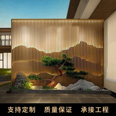 不锈钢屏风隔断室外庭院新中式影壁墙户外园林金属假山流水背景墙图2