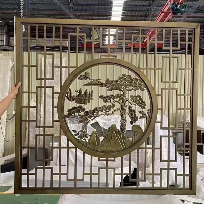 新中式玫瑰雕刻金属隔断屏风客厅入户门遮挡不锈钢公寓装饰定制图4