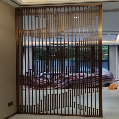 新中式简约不锈钢屏风现代玄关镂空花格金属隔断酒店装饰工程屏风图2