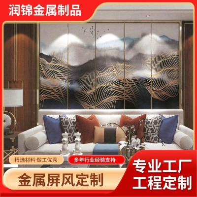 玄关新中式镂空禅意装饰画圆形钛金不锈钢金属屏风山水画隔断