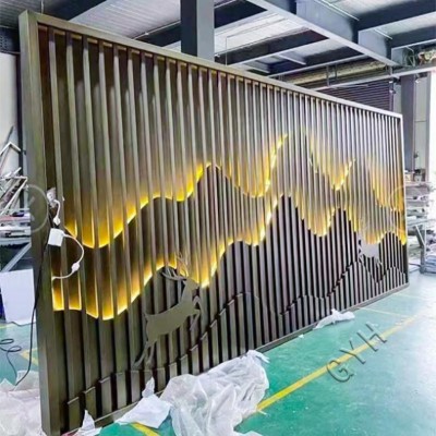 铝合金背景墙别墅假山庭院山水画铝板客厅隔断户外新中式铝艺屏风图2