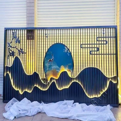 铝合金背景墙别墅假山庭院山水画铝板客厅隔断户外新中式铝艺屏风图3