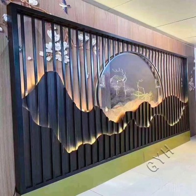 铝合金背景墙别墅假山庭院山水画铝板客厅隔断户外新中式铝艺屏风图4