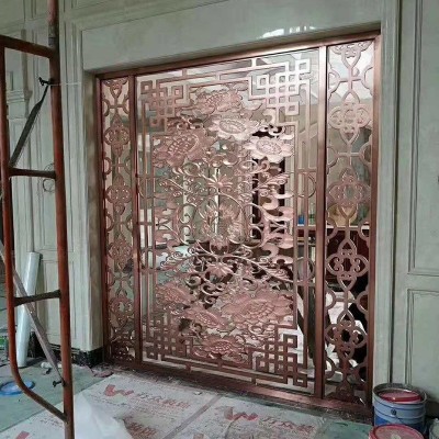 中式移动办公桌不锈钢折叠屏风欧式雕花镂空酒店隔断屏风家居屏风