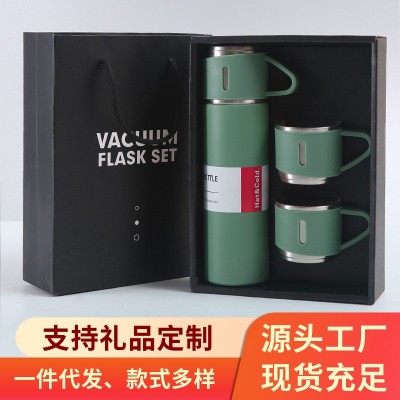 商务不锈钢真空保温杯一杯三盖礼品直身杯便携户外高档礼盒套装图3