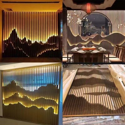 新中式轻奢不锈钢屏风隔断客厅室外庭院假山背景墙花格镂空格栅图2