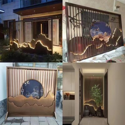 新中式轻奢不锈钢屏风隔断客厅室外庭院假山背景墙花格镂空格栅图3