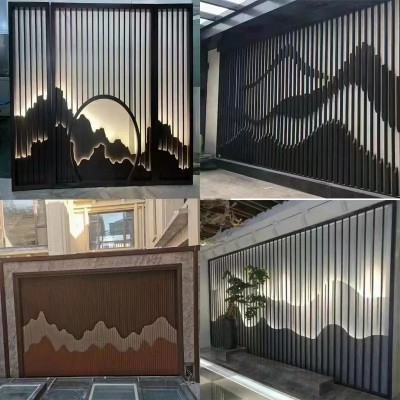 新中式轻奢不锈钢屏风隔断客厅室外庭院假山背景墙花格镂空格栅