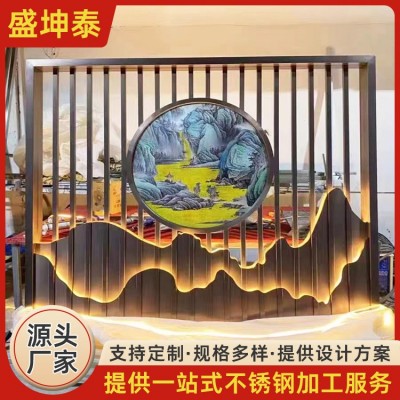 新中式不锈钢屏风 拉丝镜面黄钛金装饰隔断 售楼部大堂背景墙 可定制图1