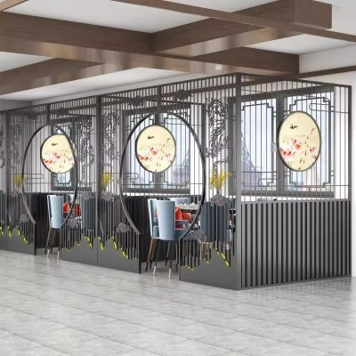 酒店会所售楼部新中式金属镂空格栅楼梯隔断304不锈钢玄关屏风图2