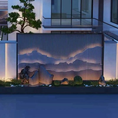 定制拉丝玫瑰金不锈钢屏风隔断金属山水画酒店户外假山灯光背景墙图3