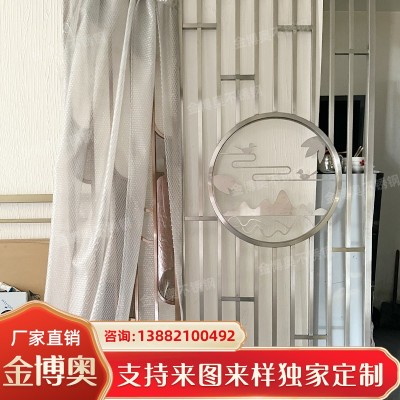 定制不锈钢拉丝镀钛屏风隔断镜面无指纹工艺酒店会所售楼部装饰图2