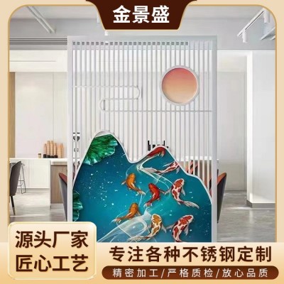 304不锈钢屏风装饰 拉丝黄钛金中式现代简约镂空格栅隔断装饰图3